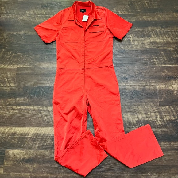 Stussy Pants - NWT Stussy urban outfitters Orange Nora satin full zip coveralls jumpsuit small